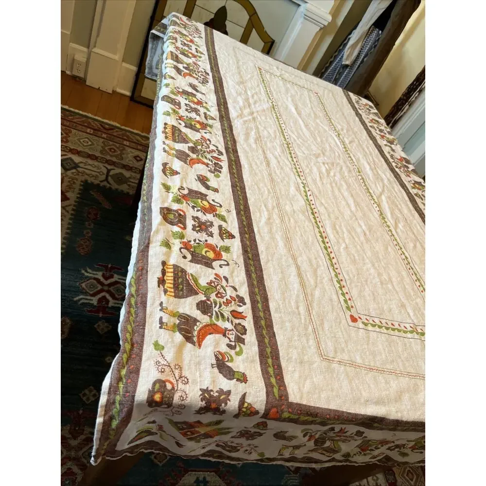 Vintage Pennsylvania Dutch Folk Art Linen Tablecloth 43x75 Amish Couple *READ